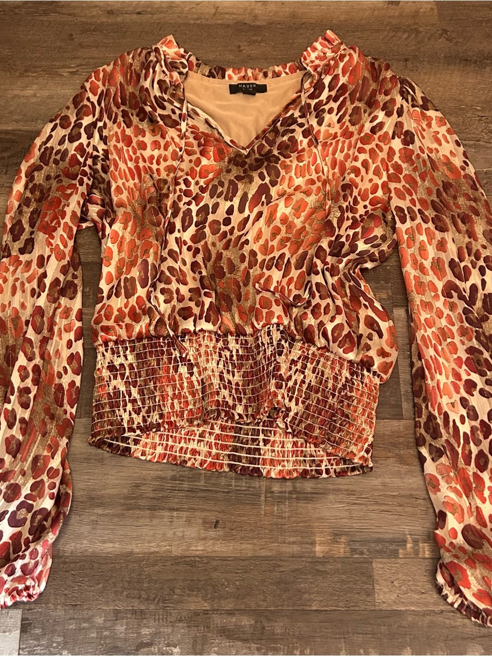 Haver London Orange Multi-Print Long Sleeve Smocked Hem Top